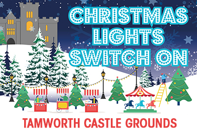 graphic of drawing of a castle, snowy hills, snow of Christmas trees, and fairground ride, stalls and wording saying 'Christmas lights switch on'