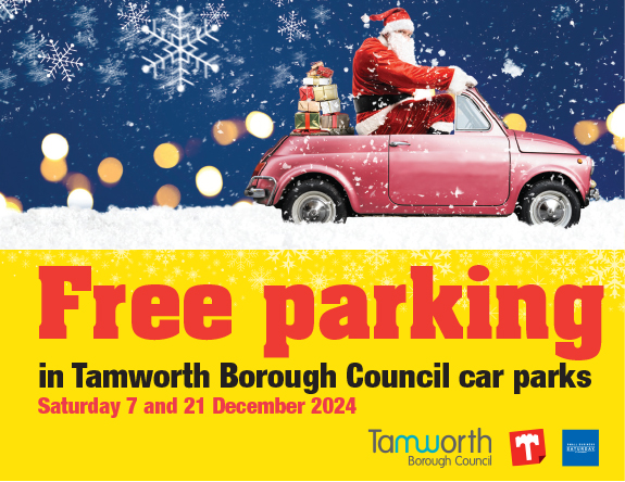 graphic image of a Santa in a red open top car, with presents. Also snow and writing saying 'free parking'