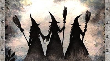 Three blacked-out witches shadows, holding brooms 