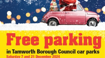 graphic image of a Santa in a red open top car, with presents. Also snow and writing saying 'free parking'