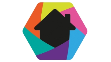 logo of a black house with coloured background